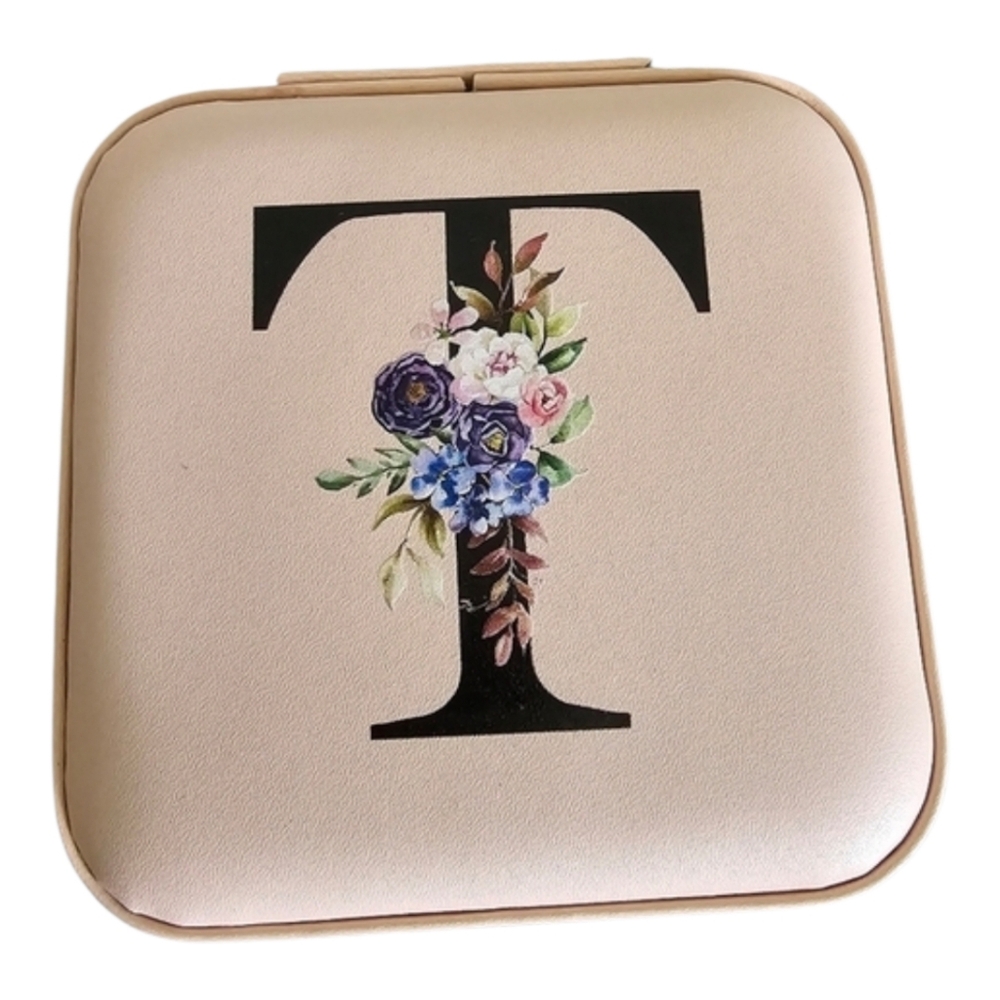 New Pink Jewelry Box Case Small Floral Travel Initial T  Ring Earrings